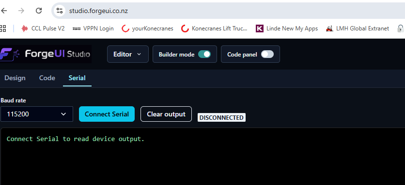 ForgeUI browser Serial monitor displaying live ESP32 application output